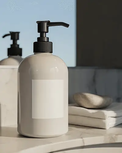 Cosmetic Bottle Sticker Mockup Plain Label On Refillable Pump Dispenser Clean Interior