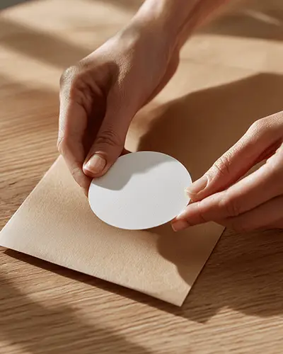 Hand Applied Sticker Mockup Round Label Being Placed On Kraft Envelope Warm Natural Light