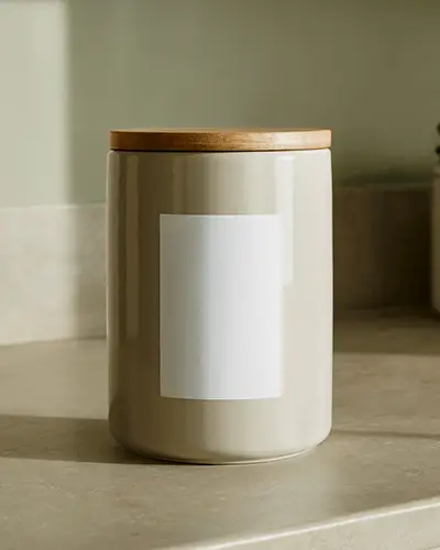 Ceramic Jar Sticker Mockup Rectangular Label On Kitchen Canister Soft Natural Light Setting
