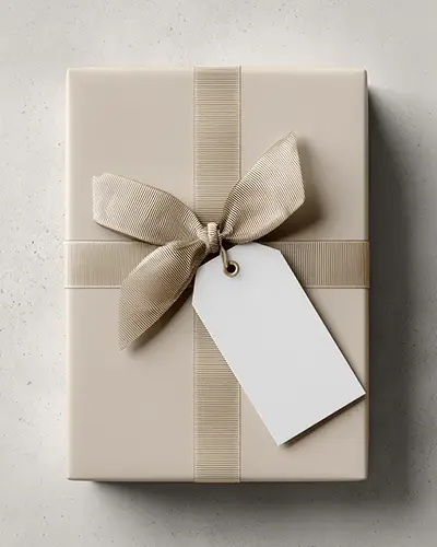 Gift Box Tag Sticker Mockup Blank Hanging Label On Elegant Wrapped Present With Ribbon Top View