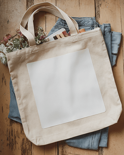 Natural Cotton Tote Bag Sticker Mockup Flat Lay On Warm Wood Texture With Floral Decor