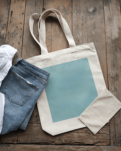 Eco Friendly Tote Bag Sticker Mockup On Wood Background With Accessories