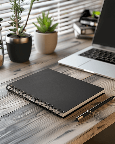 Spiral Notebook Sticker Mockup Professional Workspace With Laptop And Plants