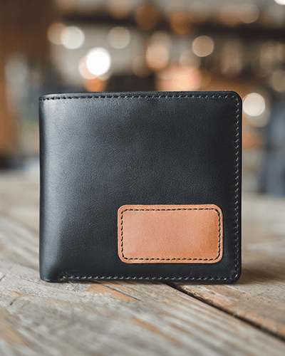 Sleek Leather Wallet Sticker Mockup Black And Brown Classic Design On Rustic Wooden Table