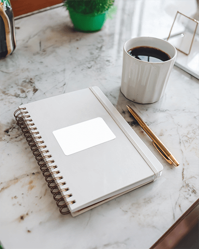 Branding Sticker Mockup Notebook Spiral Binding Cup Of Black Coffee Morning Vibes