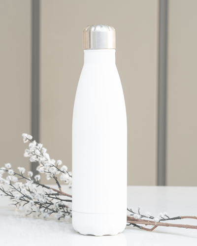White Water Bottle Sticker Mockup With Minimalist Backdrop And Natural Light For Simple Clean Presentation