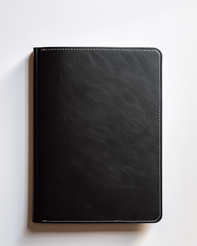 Black Leather Notebook Sticker Mockup In Soft Lighting For Elegant And Professional Look