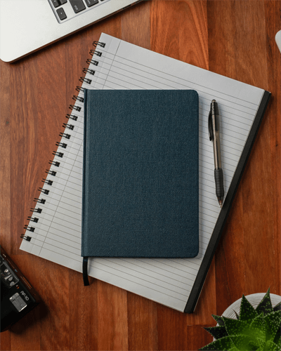 Desk Notebook Sticker Mockup Blue Cover Stationery Setting With Notepad And Pen