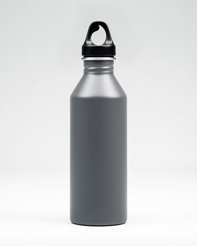 Matte Gray Water Bottle Sticker Mockup Center View Against Neutral Background