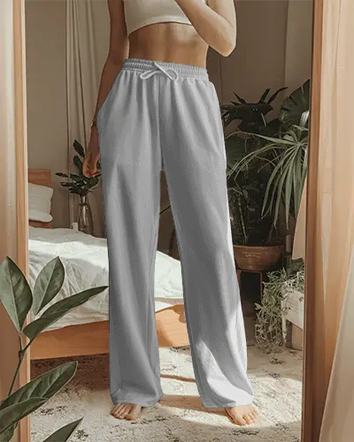 Cozy Bedroom Sweatpants Mockup Woman Standing In Soft Morning Light Natural Style