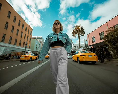 Downtown Style Sweatpants Mockup Female Model In Denim Jacket Street Vibe