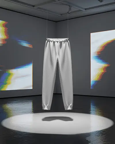 Futuristic Gallery Sweatpants Mockup Hanging Display Under Spotlight Modern Art