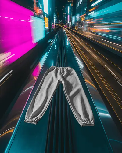 High Speed Night Drive Sweatpants Mockup Streetwear Amidst City Light Motion Blur Environment