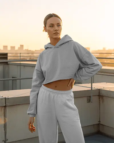 Serene Evening Sweatpants Mockup Modern Female Model Hoodie In Soft Sunset Rooftop In Calm Glow