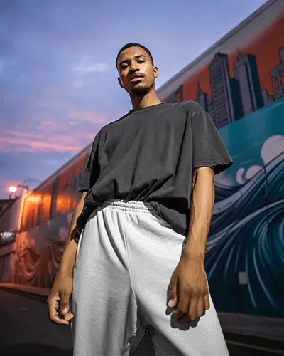 Street Art Sweatpants Mockup Male Model In Urban Alley Under Dusk Sky