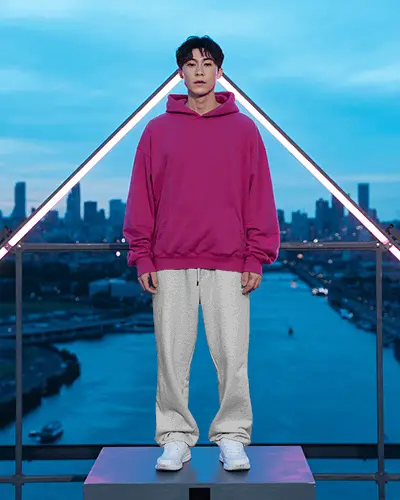 Skyline Sweatpants Mockup Evening City View With Neon Triangle Frame Ooftop Scene And Balanced Light