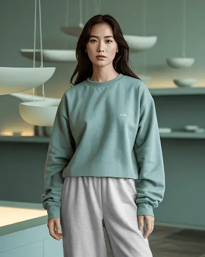 Modern Sweatpants Mockup Soft Minimal Interior With Muted Green Tones Aesthetic Balanced Soft Light