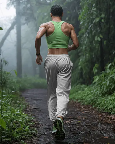 Athletic Sweatpants Mockup Dynamic Runner In Misty Jungle Trail Path And Active Motion