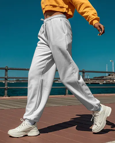 Coastal Boardwalk Sweatpants Mockup Sunny Day Stride With Clear Blue Sky