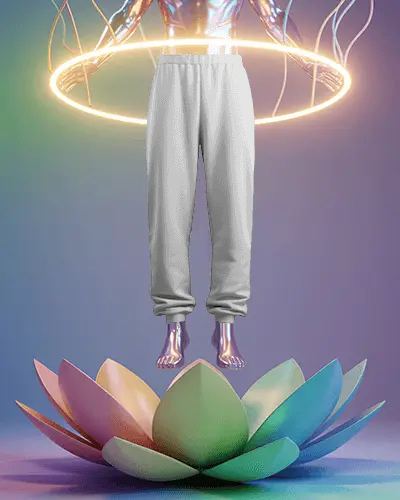 Ethereal Levitating Sweatpants Mockup Floating Above Radiant Multicolor Lotus With Glowing Halo