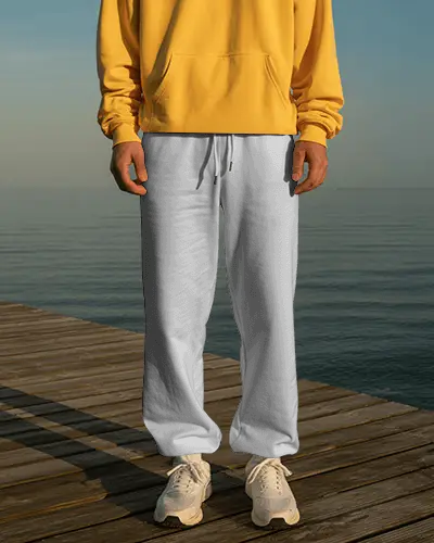 Golden Sunset Sweatpants Mockup Relaxed Figure Standing On Wooden Pier Over Calm Ocean