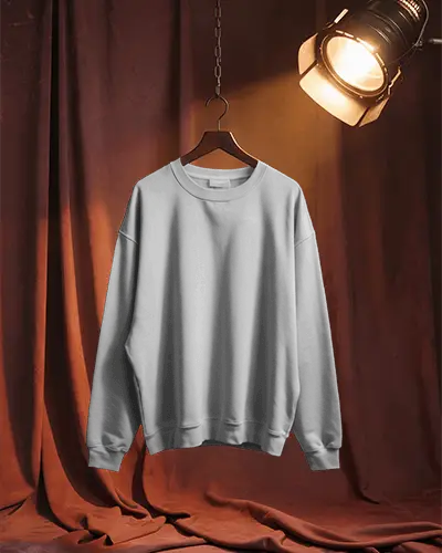 Spotlight Studio Hanging Sweatshirt Mockup On Wooden Hanger With Warm Stage Light