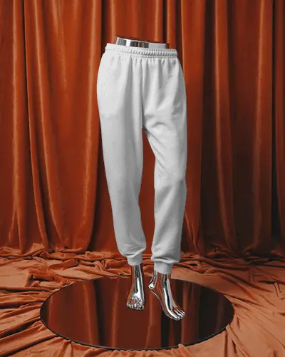 Luxury Draped Sweatpants Mockup On Metallic Mannequin With Rich Velvet Curtain Backdrop