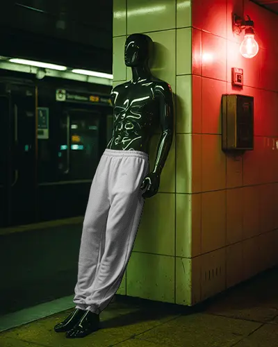 Moody Subway Sweatpants Mockup Black Mannequin Leaning Against Tiled Wall Under Red Light