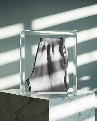 Luxury Display Sweatpants Mockup Folded Inside Glass Box With Dramatic Shadow Lighting