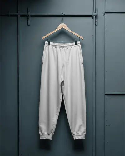 Industrial Hanger Sweatpants Mockup Minimal Display On Dark Metallic Wall Background
