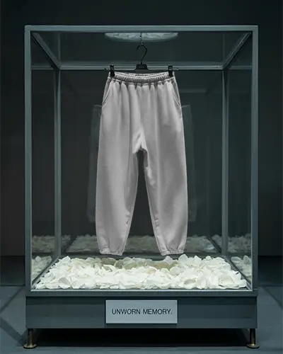 Artistic Display Sweatpants Mockup In Glass Case With White Petals And Moody Lighting