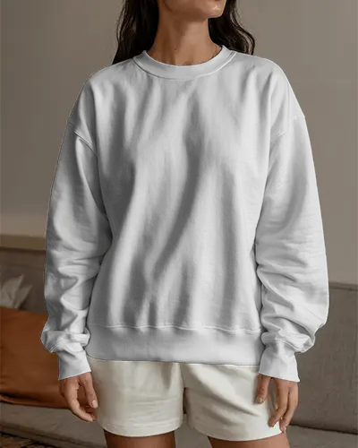 Indoor Casual Sweatshirt Mockup Female Model Relaxed Home Setting Cozy Minimal Lifestyle