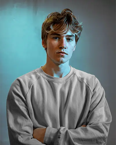 Moody Studio Sweatshirt Mockup Male Model In Crewneck With Crossed Arms And Colored Lighting Edgy And Artistic Vibe