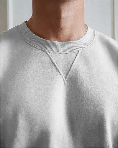 Natural Light Closeup Sweatshirt Mockup Male Model Neck And Chest Focus Crisp Stitch Detail Soft Shadowing Clean And Modern Presentation