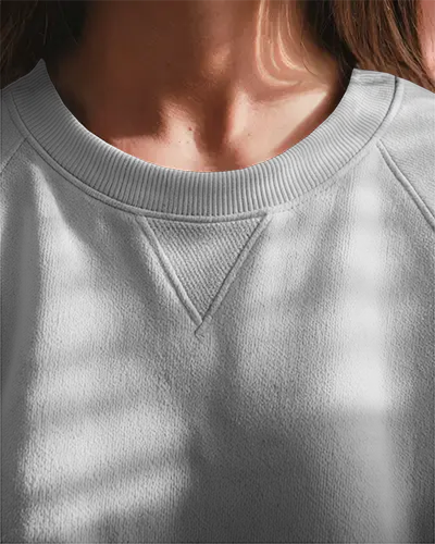 Women Close Up Front View White Sweatshirt Mockup With Natural Light And Shadows