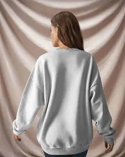 Photorealistic Blank White Sweatshirt Mockup On Woman Standing In Studio Lighting