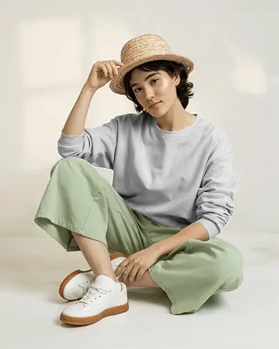 Casual Lifestyle White Sweatshirt Mockup On Young Female Model With Straw Hat