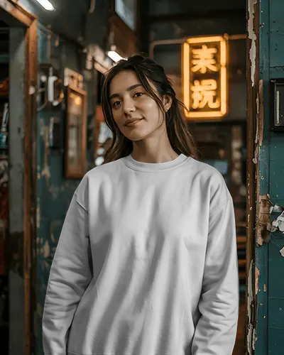 sweatshirt-mockup-female-model-smiling-in-vintage-japanese-cafe-with-neon-background
