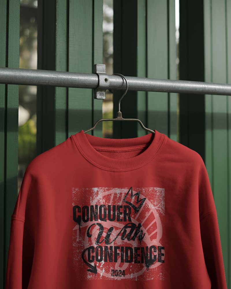 Sweatshirt Mockup Hanging On Metal Rod Against Green Wooden Wall Outdoor Light