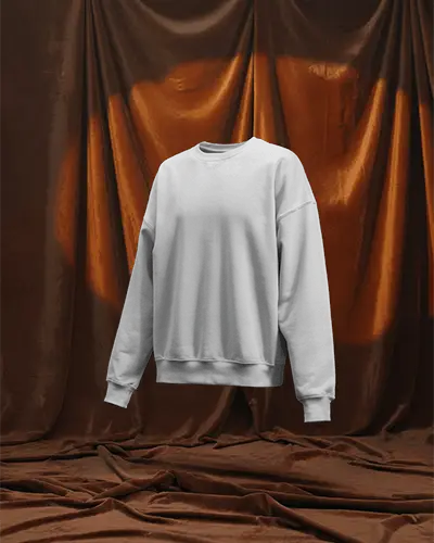 Draped Velvet Backdrop Sweatshirt Mockup Floating Display In Moody Studio Lighting