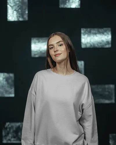 Female Model Sweatshirt Mockup Studio Portrait With Glowing Abstract Square Lights