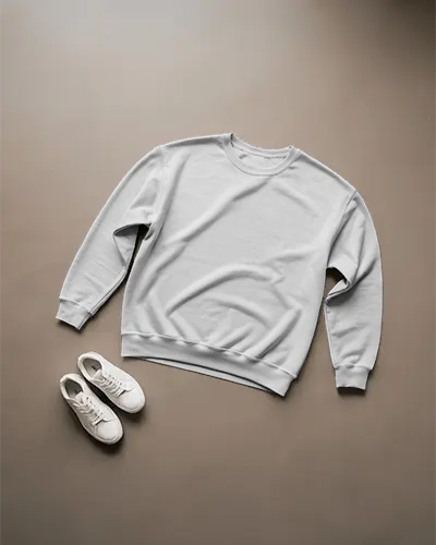 Ifestyle Lay Flat Sweatshirt Mockup With White Sneakers On Clean Neutral Floor