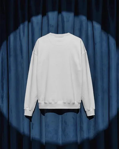 Spotlight Blue Curtain Back View Sweatshirt Mockup Symmetrical Hanging Display