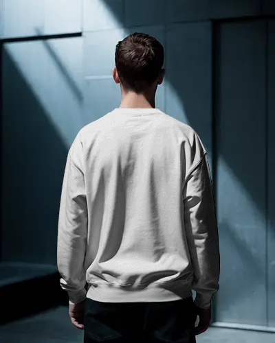 Casual Mens Sweatshirt Mockup Back View Model In Outfit Against Modern Architectural Wall