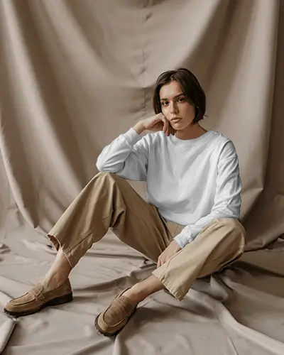 Relaxed Studio Sweatshirt Mockup Female Model Sitting On Floor Against Neutral Draped Backdrop