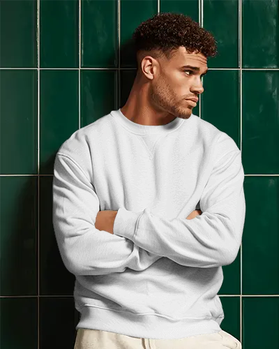 Modern Streetwear Sweatshirt Mockup Male Model Posing Against Green Tiled Wall In Urban Style