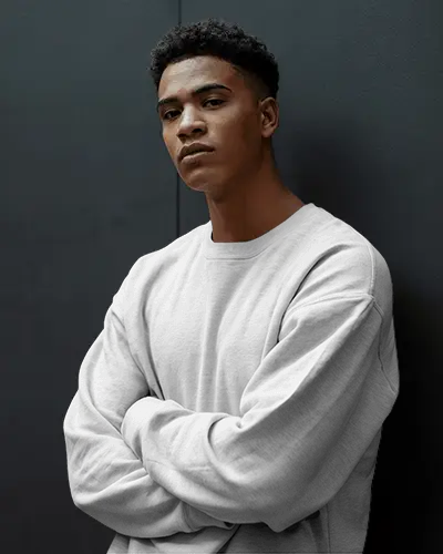 Minimalist Urban Sweatshirt Mockup Male Model In Relaxed Pose Against Dark Modern Wall