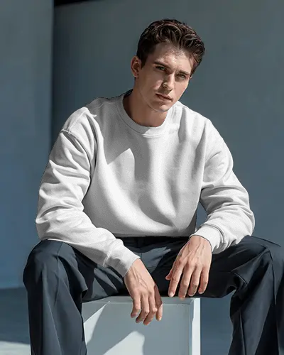 Modern Men Sweatshirt Mockup Guy In Long Sleeve Relaxed Pose With Sunlight Shadows
