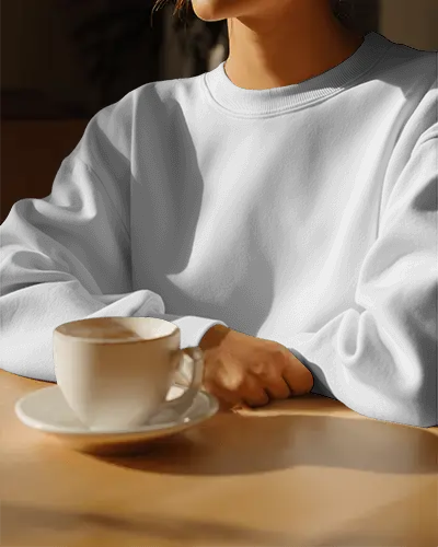 Lifestyle Sweatshirt Mockup Woman Enjoying Coffee In Soft Natural Light Warm And Calm Atmosphere
