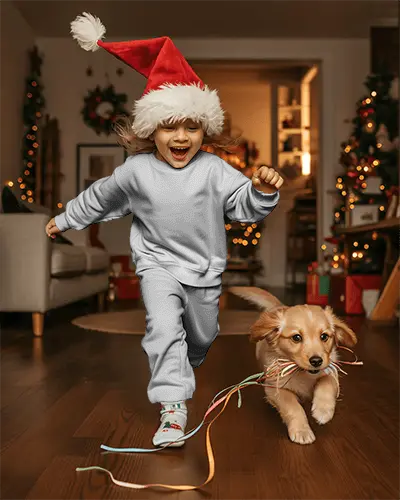 Kids Christmas Sweatshirt Mockup Girl Running With Dog In Festive Home Setting